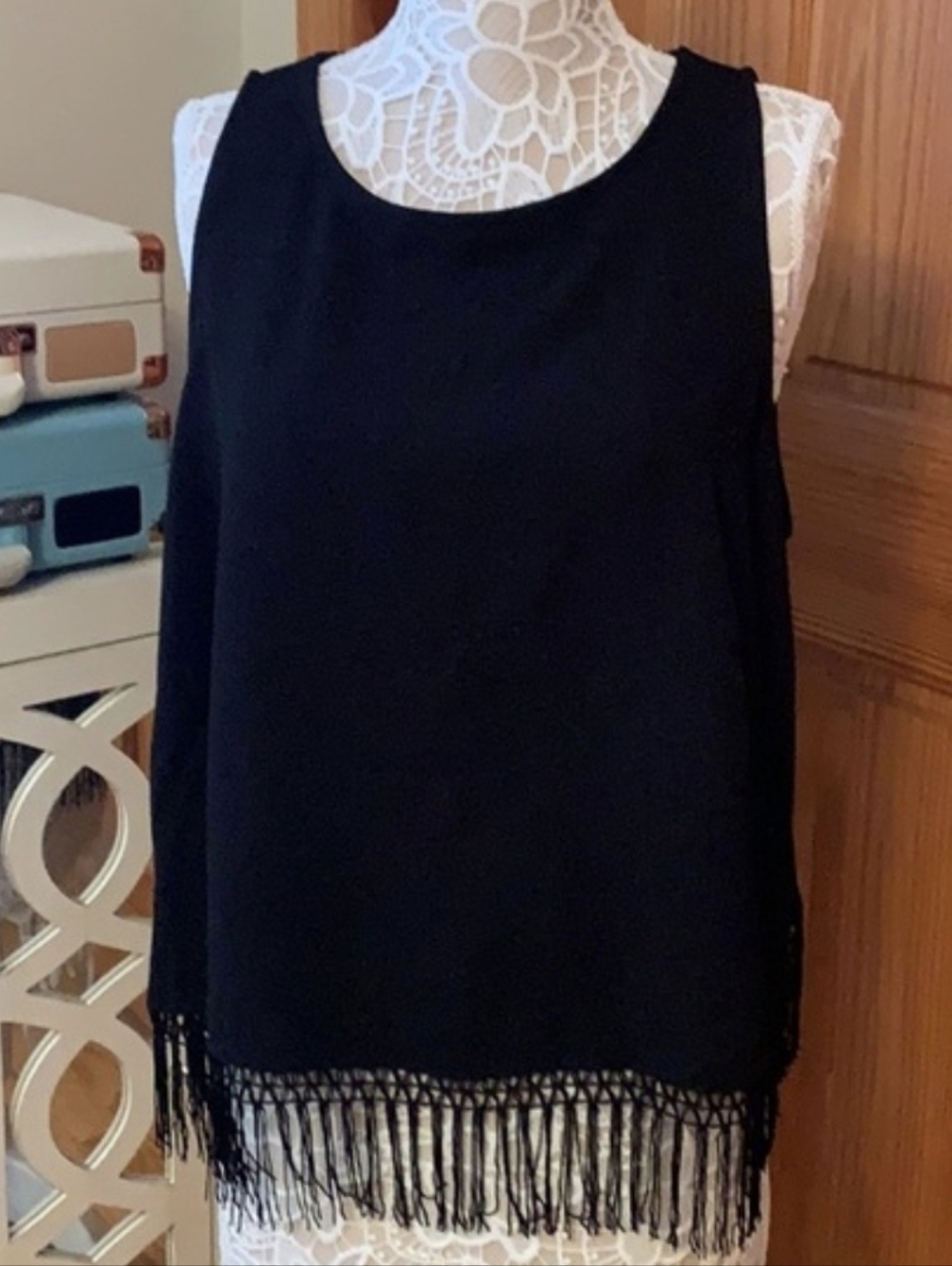 Jennifer Lopez Sleeveless Fringe Hem Wrap Top